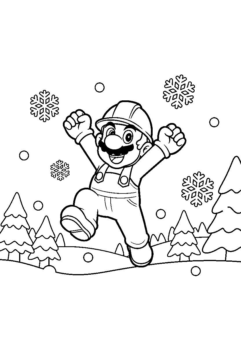 builder mario celebrating happily in a snowy level line art