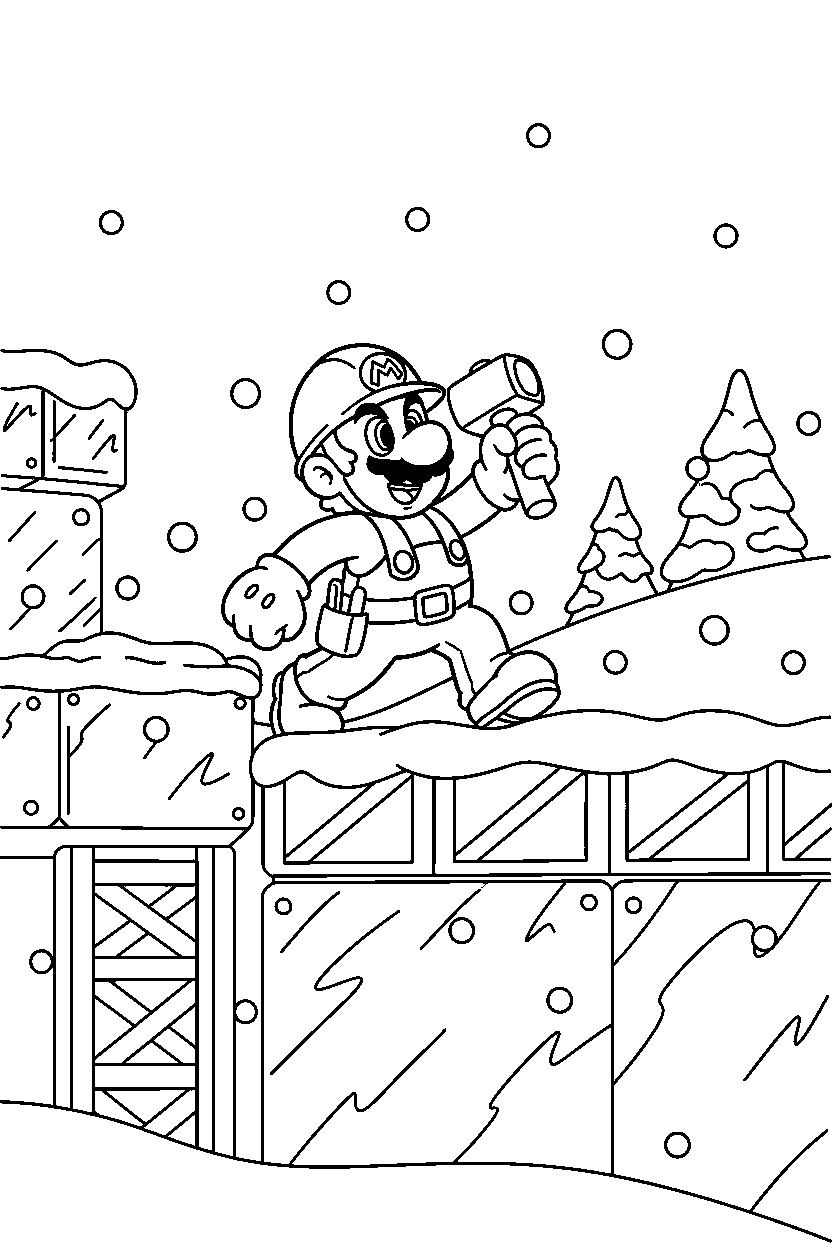 builder mario climbing happily in a snowy level line art