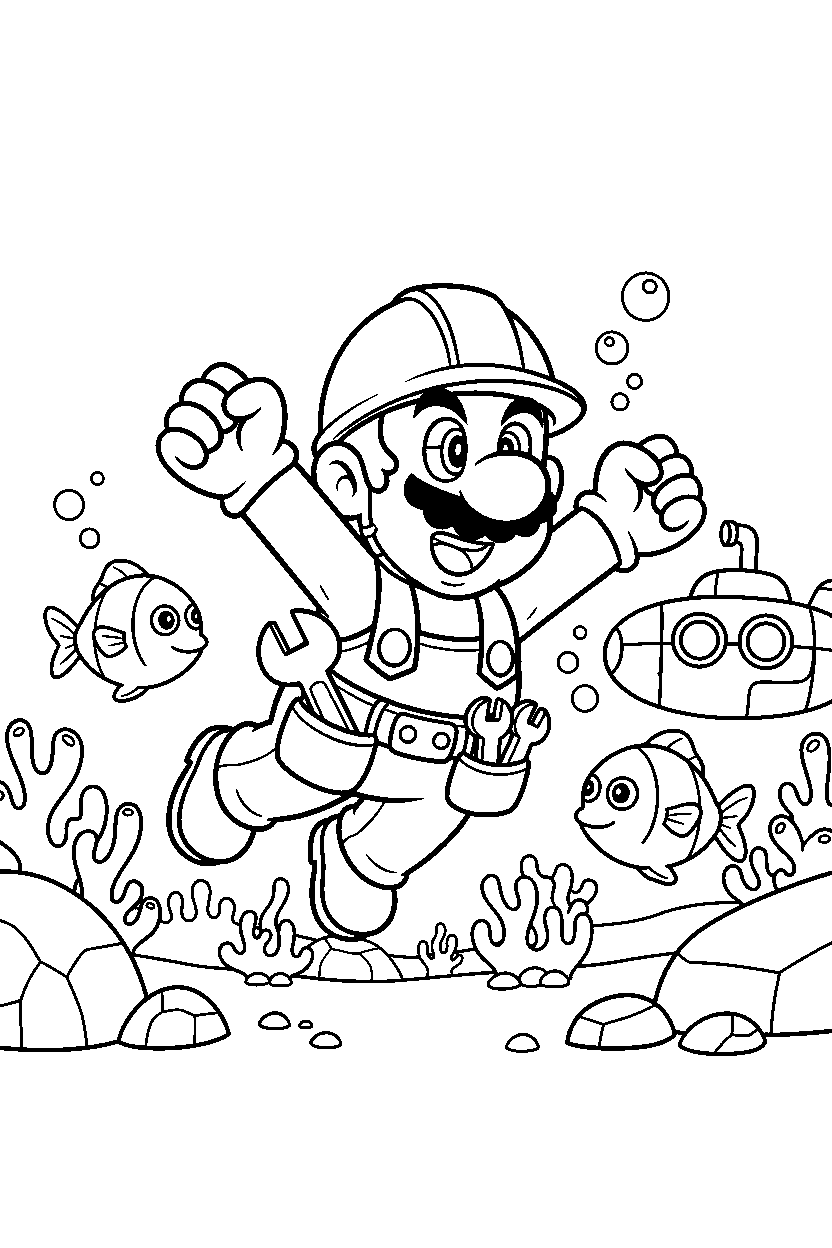 builder mario exploring happily underwater line art