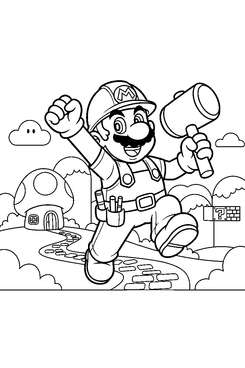 builder mario looking excited in a bright adventure land line art