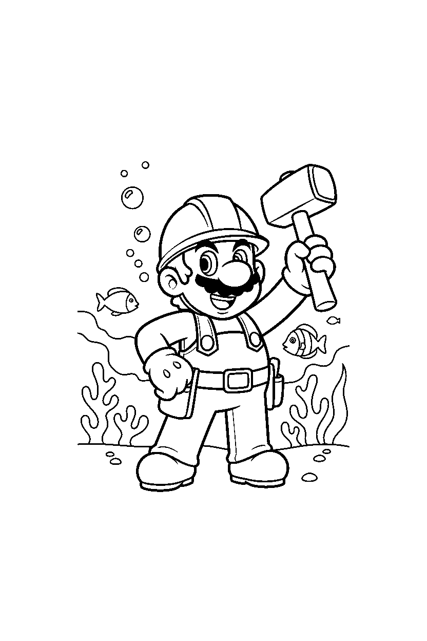 builder mario posing proudly underwater line art
