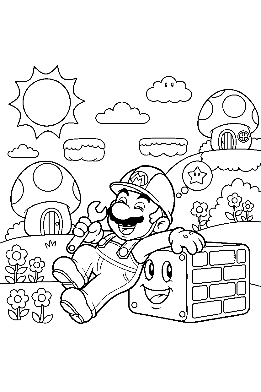 builder mario resting happily in a colorful world line art