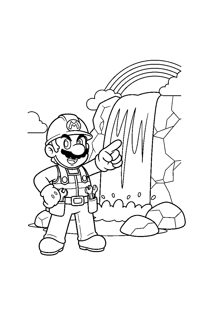 builder mario standing bravely near a waterfall line art