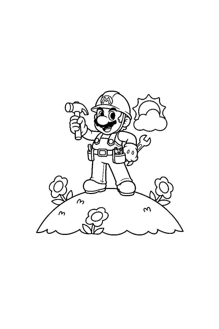 builder mario standing bravely on a sunny hill line art