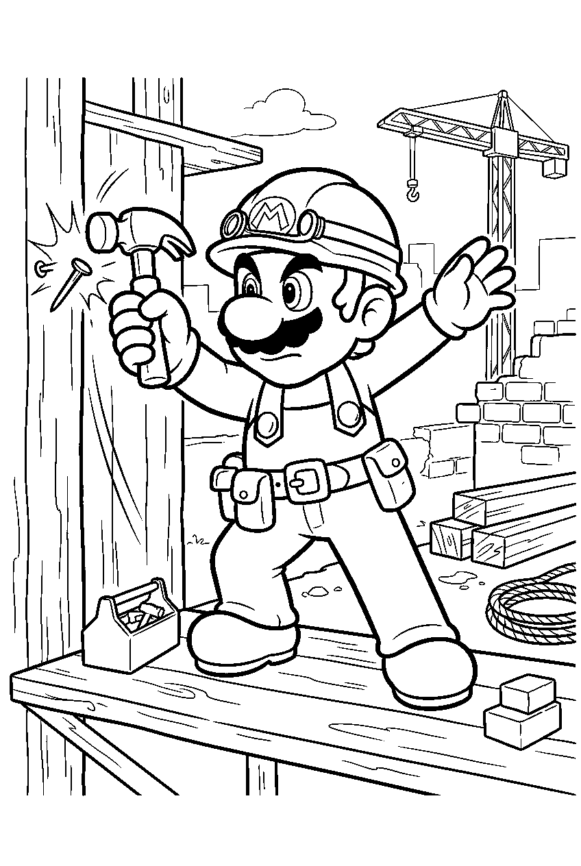 builder mario swinging a hammer at a construction site line art