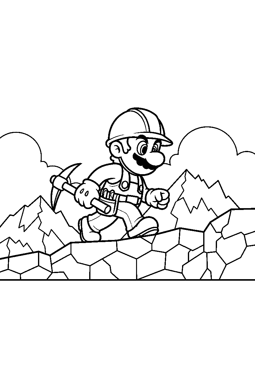 builder mario walking carefully on a mountain level line art