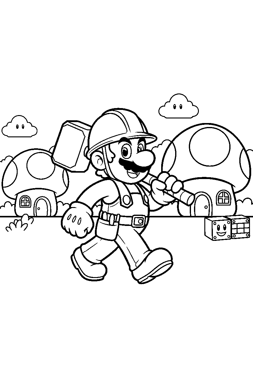 builder mario walking proudly in the mushroom kingdom line art