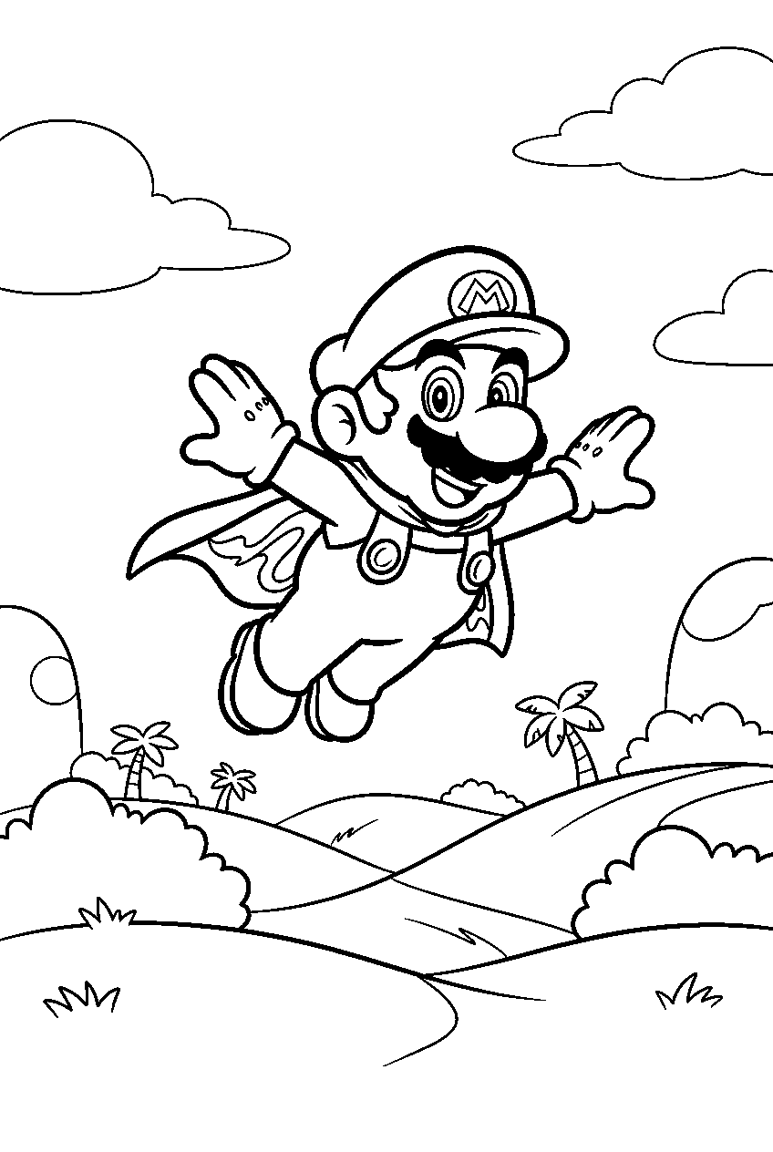 cape mario soaring above grassy hills in dinosaur land line art