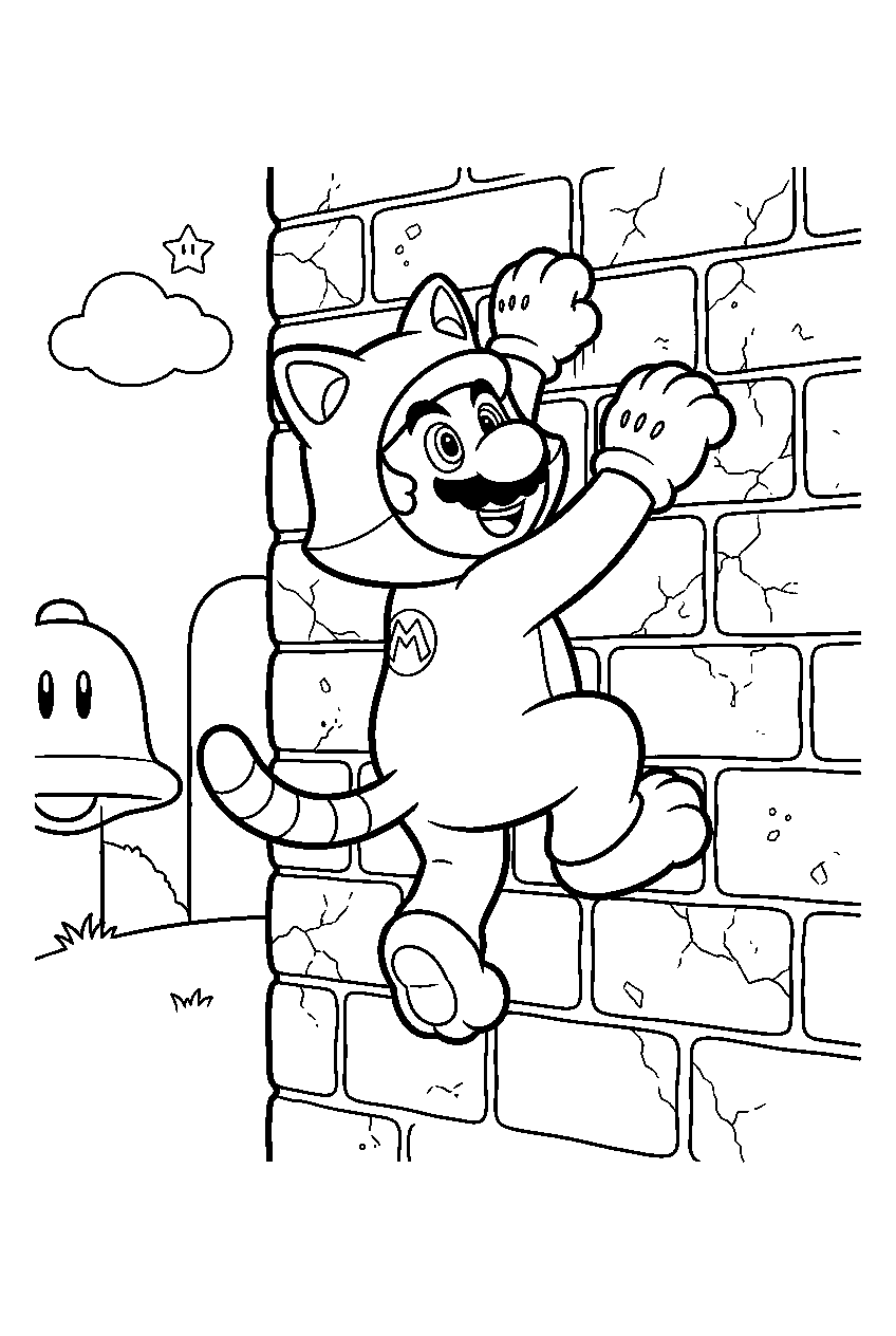 cat mario climbing a wall in super bell hill line art