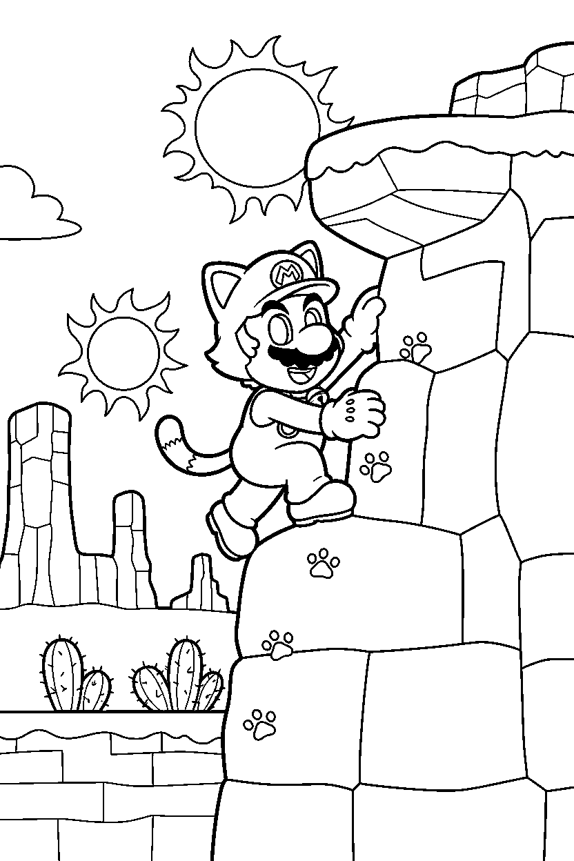 cat mario climbing happily in a desert level line art