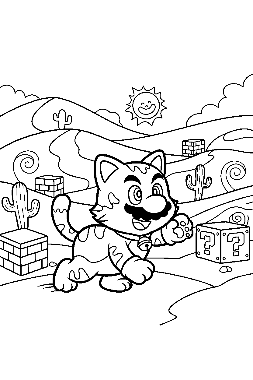 cat mario exploring happily in a desert level line art