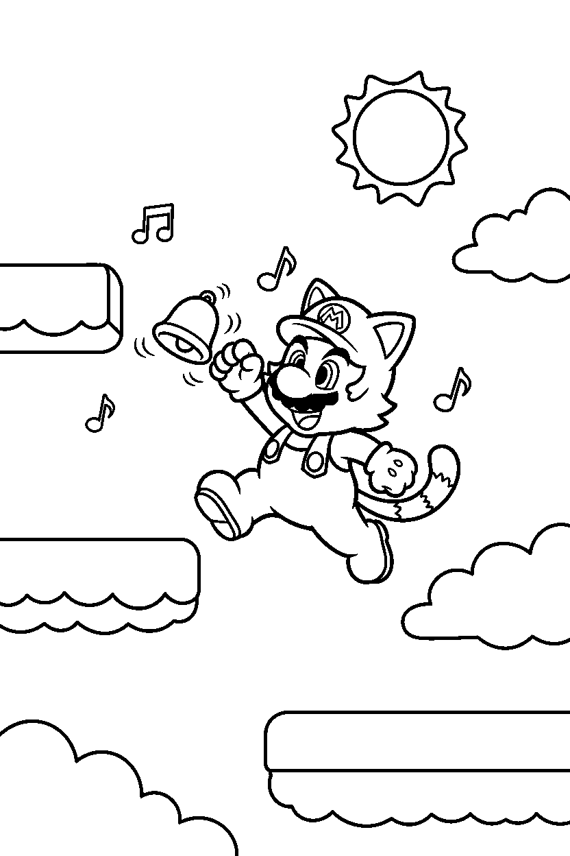 cat mario playing happily in a sky level line art