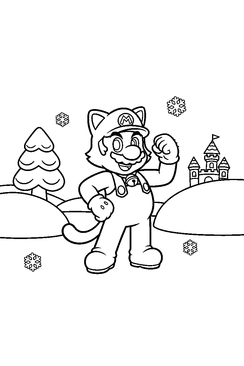 cat mario posing proudly in a snowy level line art