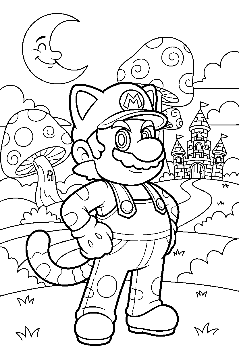 cat mario standing proudly in a fantasy land line art