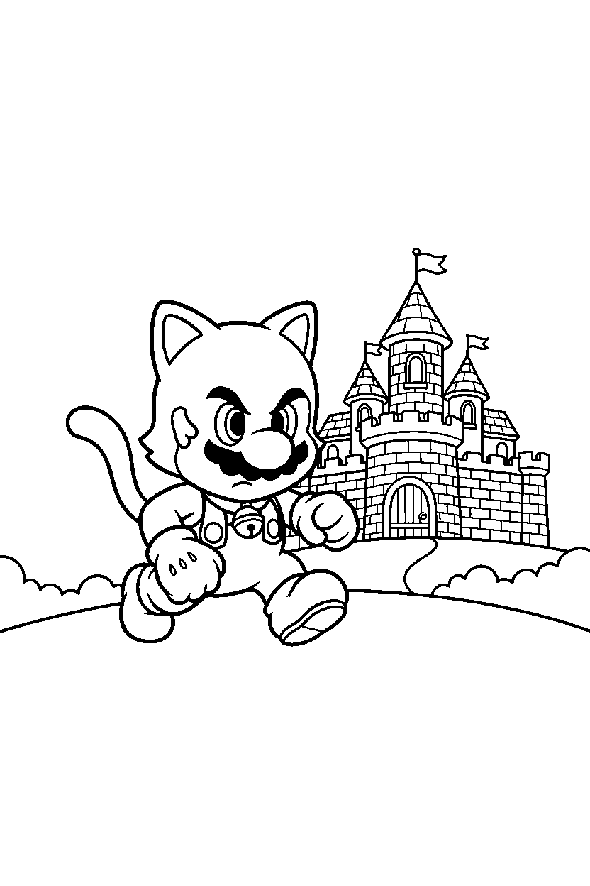cat mario walking carefully near a castle line art