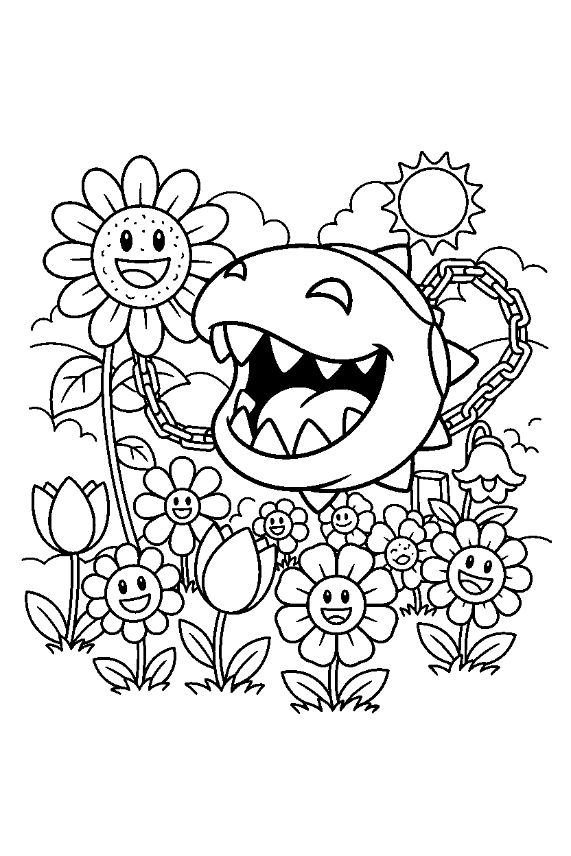 chain chomp playing happily in a flower field line art