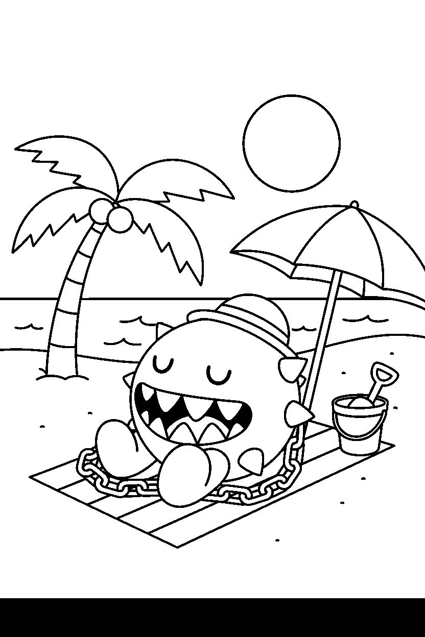 chain chomp relaxing peacefully in a beach level line art