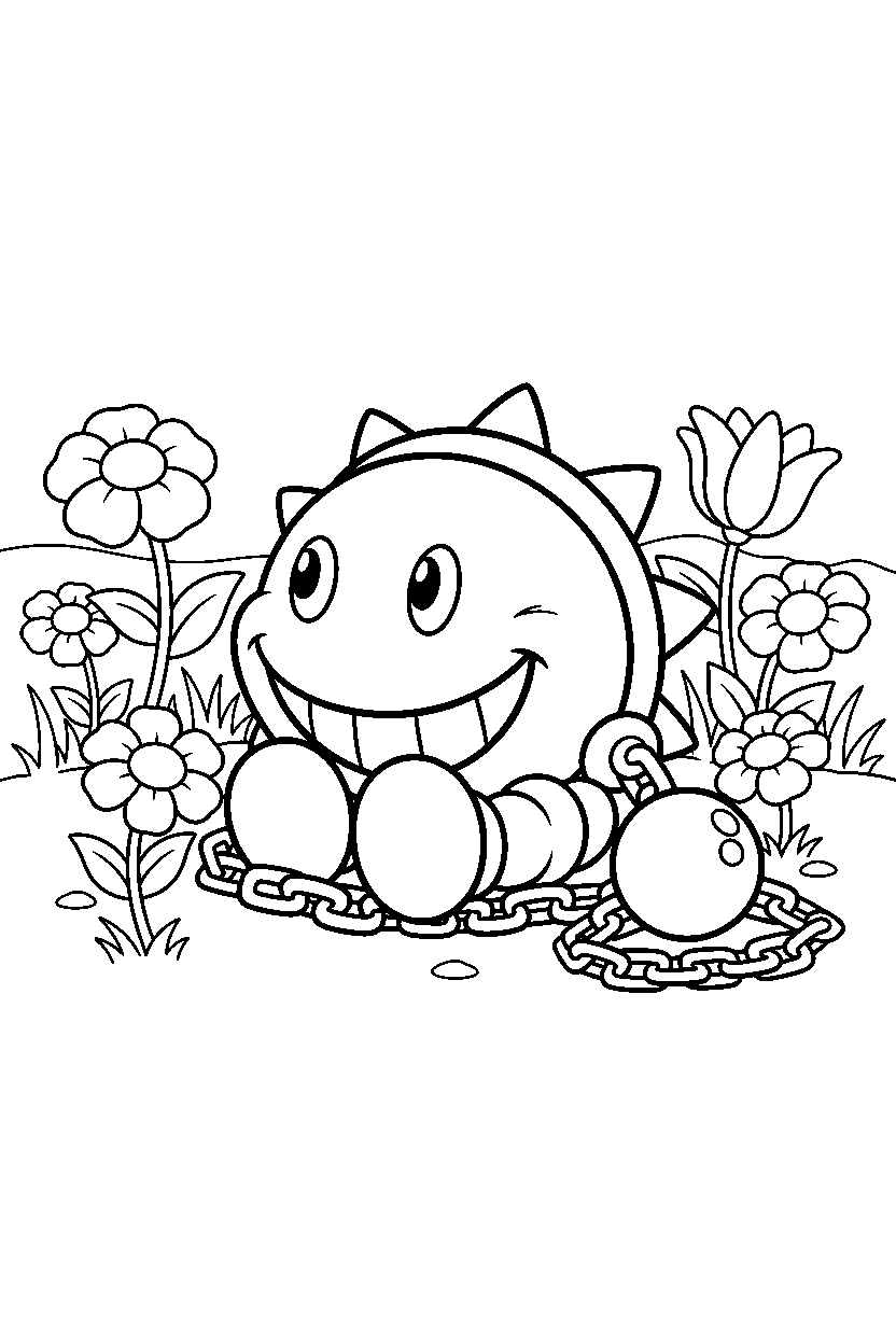 chain chomp resting happily in a flower field line art