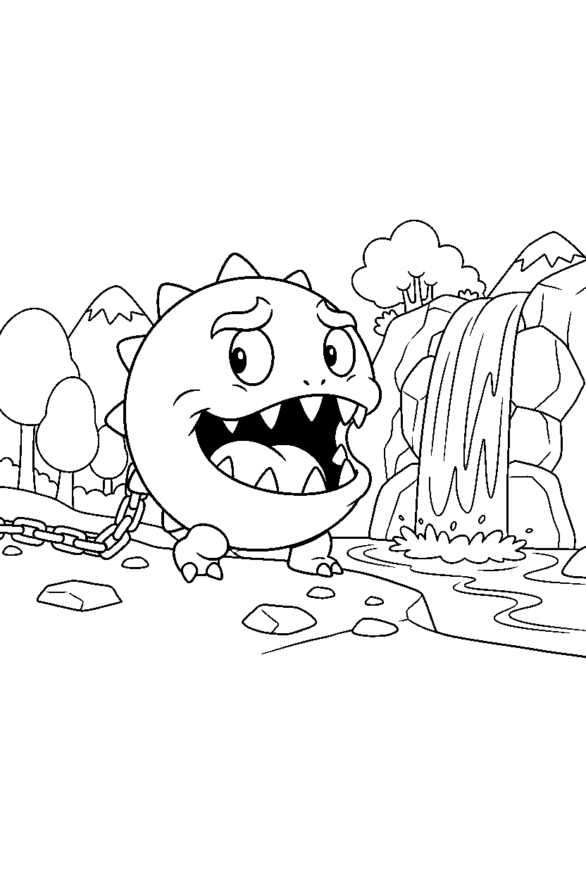 chain chomp walking carefully near a waterfall line art