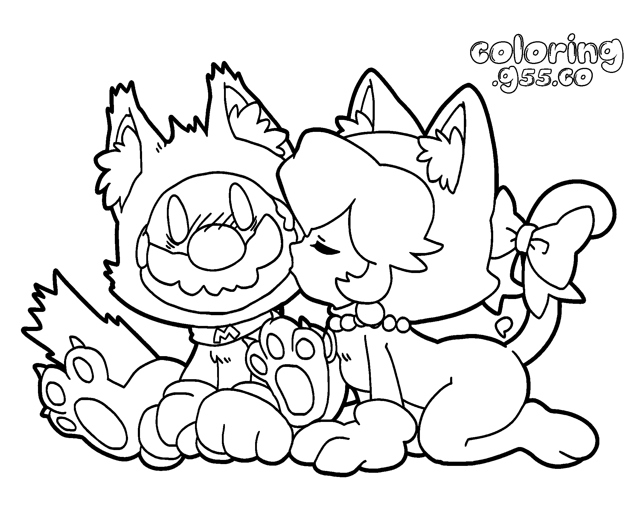 cute cat mario and cat peach kissing line art