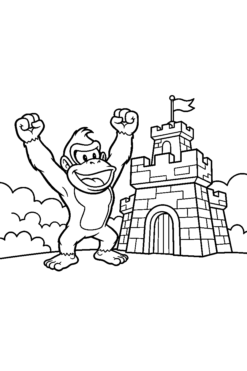 donkey kong celebrating happily near a fortress line art
