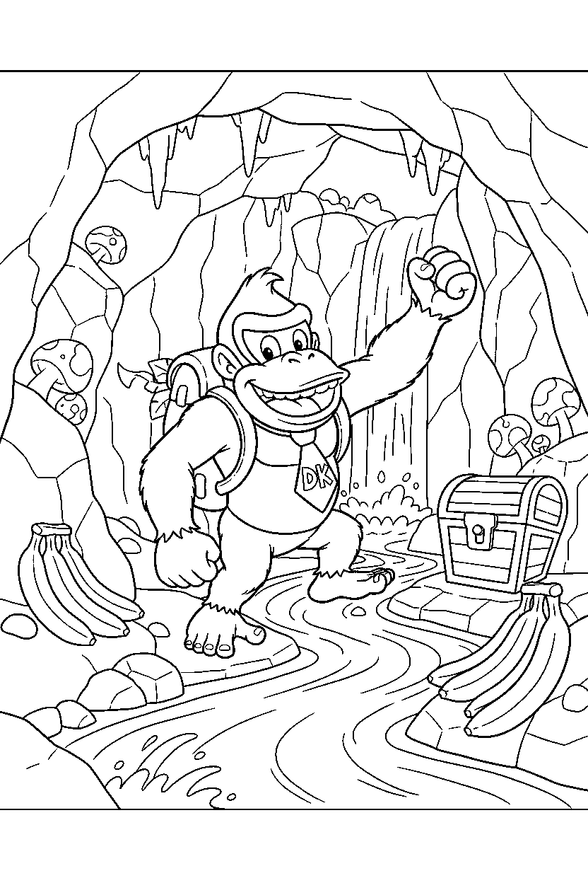 donkey kong exploring happily in a hidden cave line art