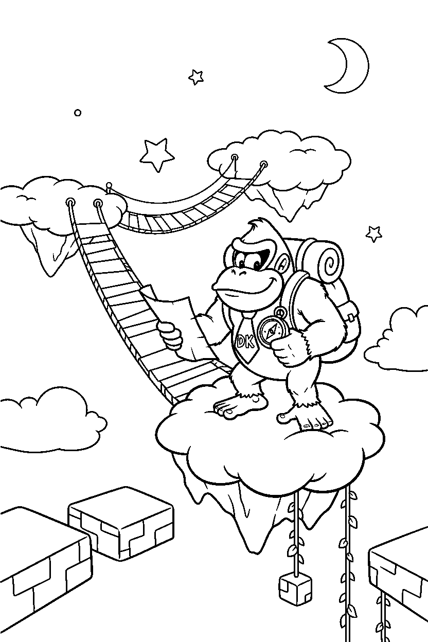 donkey kong getting ready to explore in a sky level line art