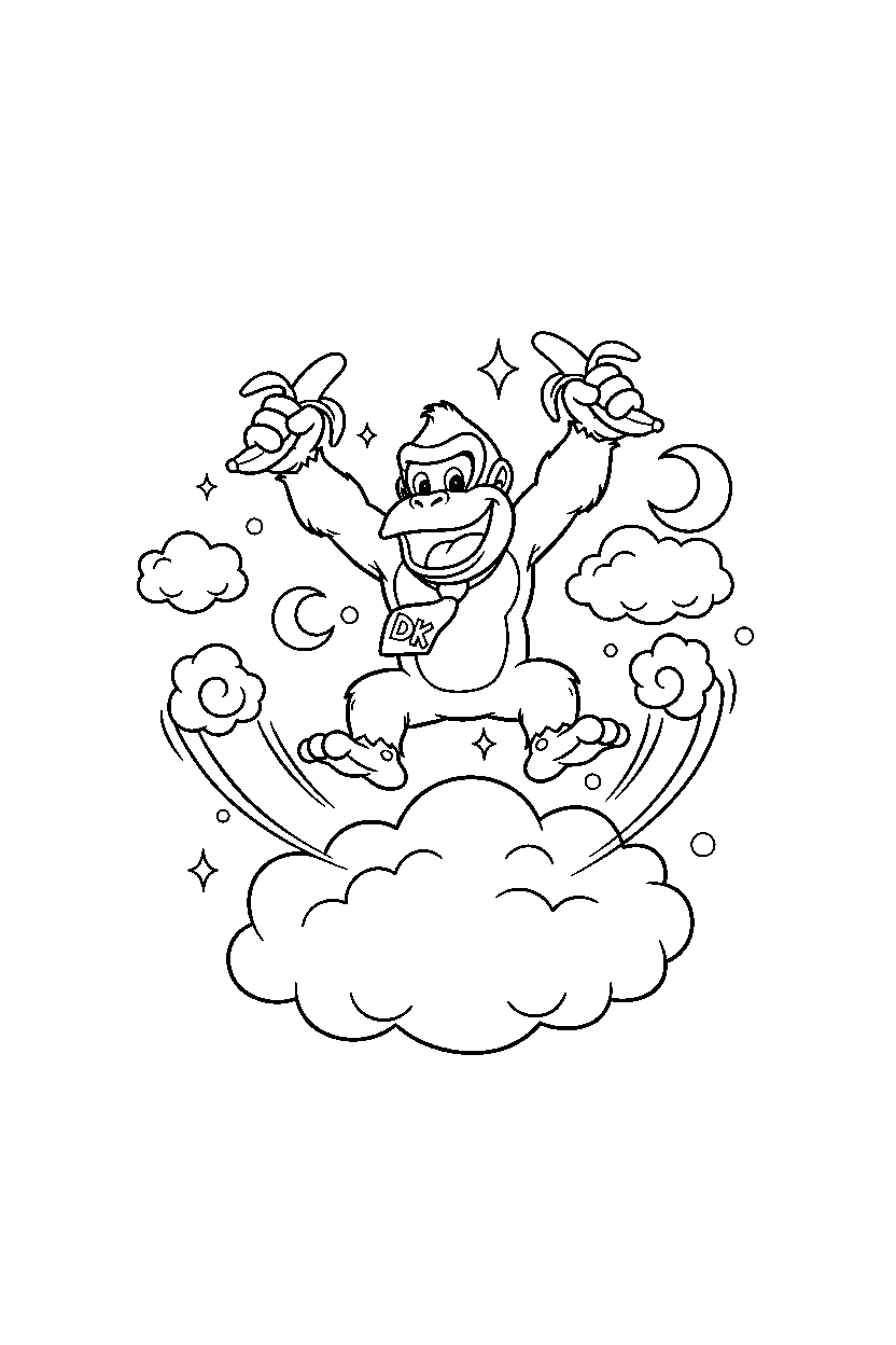 donkey kong jumping with joy in a cloud world line art