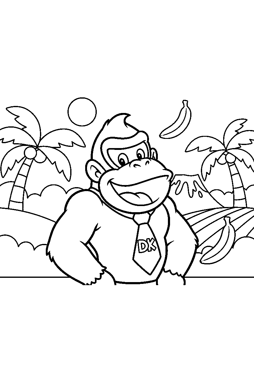 donkey kong looking happy in a bright adventure land line art