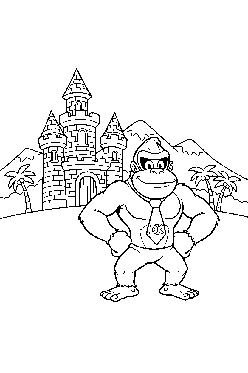 donkey kong posing proudly near a castle line art