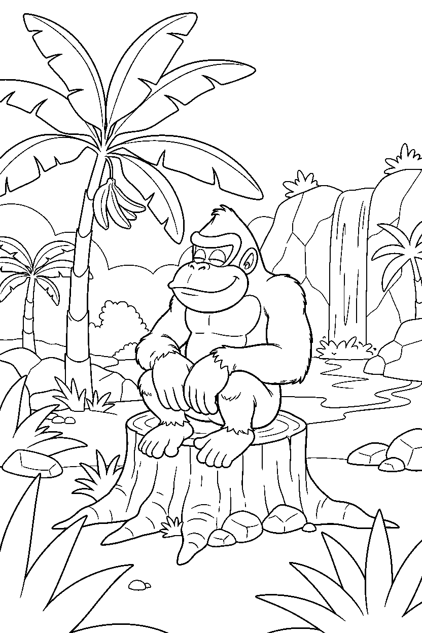donkey kong sitting peacefully in a jungle level line art
