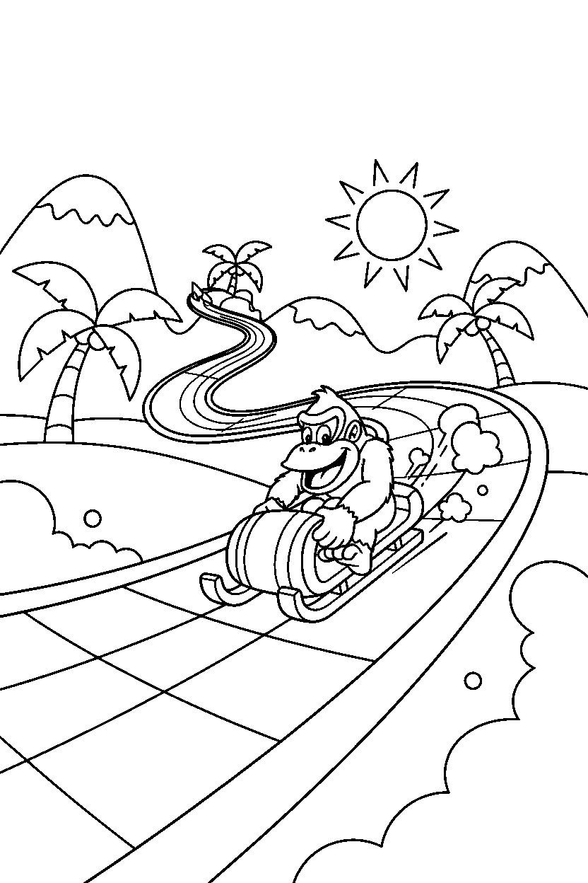 donkey kong sliding happily on a racing track line art