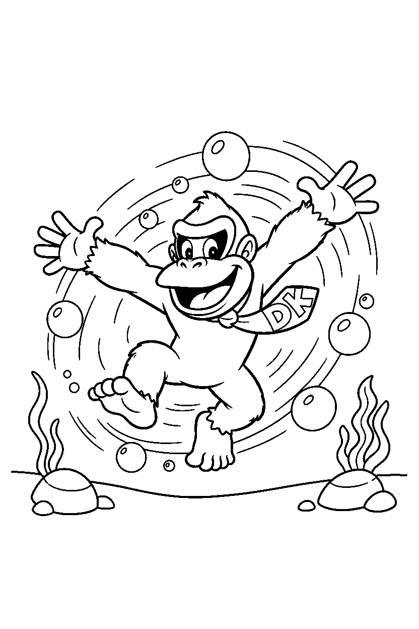 donkey kong spinning happily underwater line art