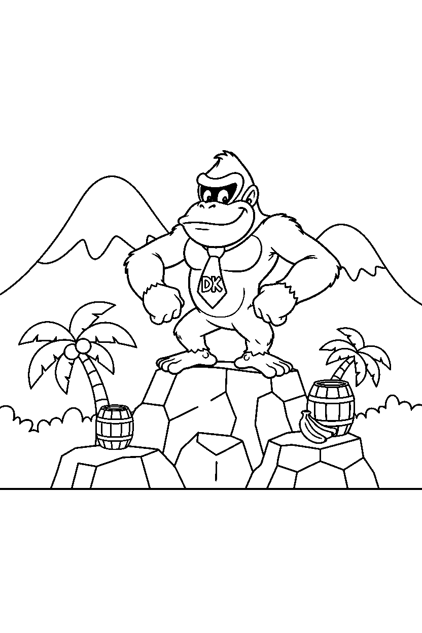donkey kong standing proudly on a mountain level line art