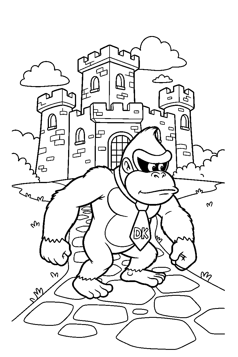 donkey kong walking carefully near a fortress line art