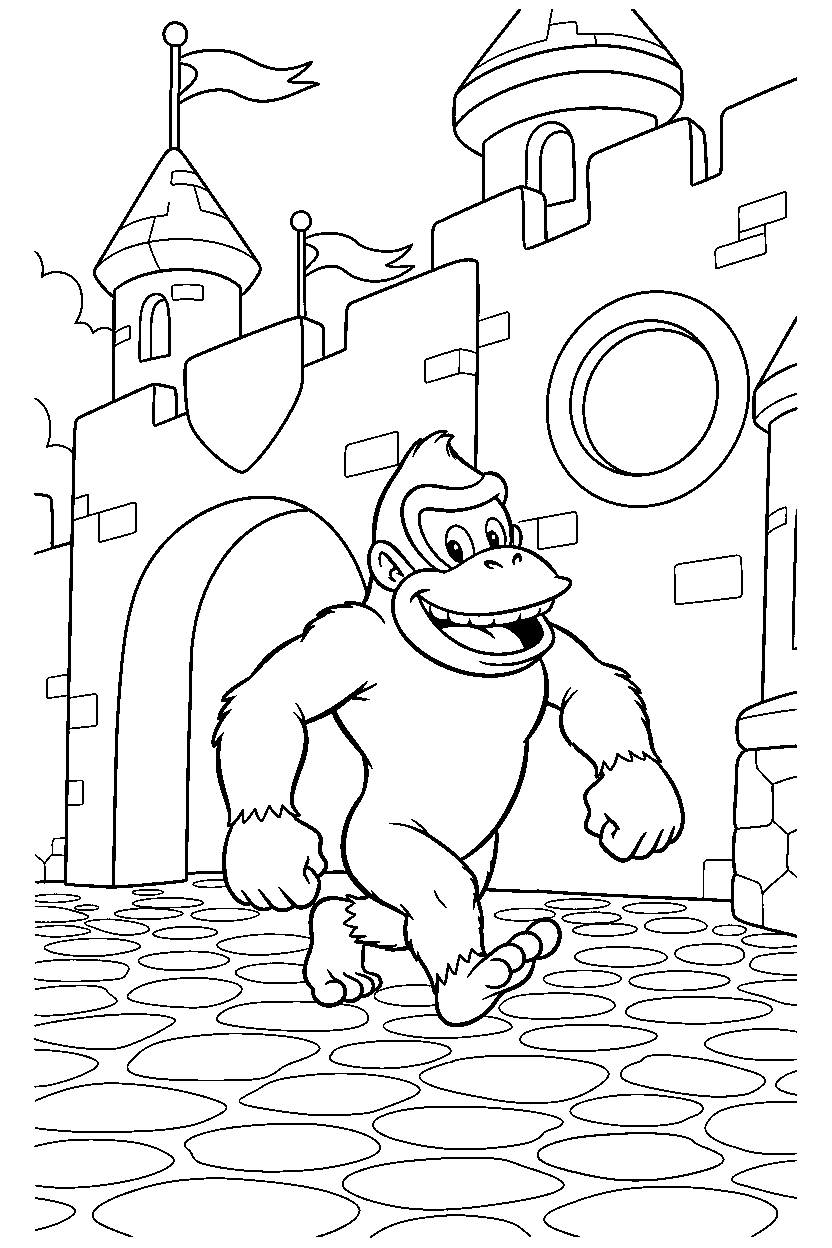 donkey kong walking happily inside a castle line art