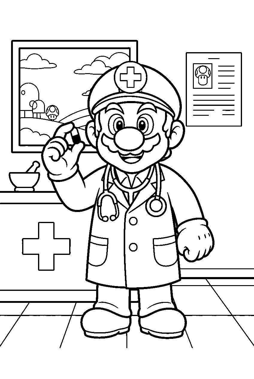 dr mario holding a capsule inside a mushroom kingdom clinic line art