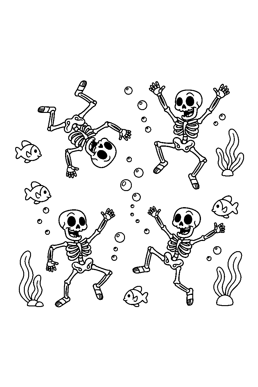 dry bones jumping with joy underwater line art