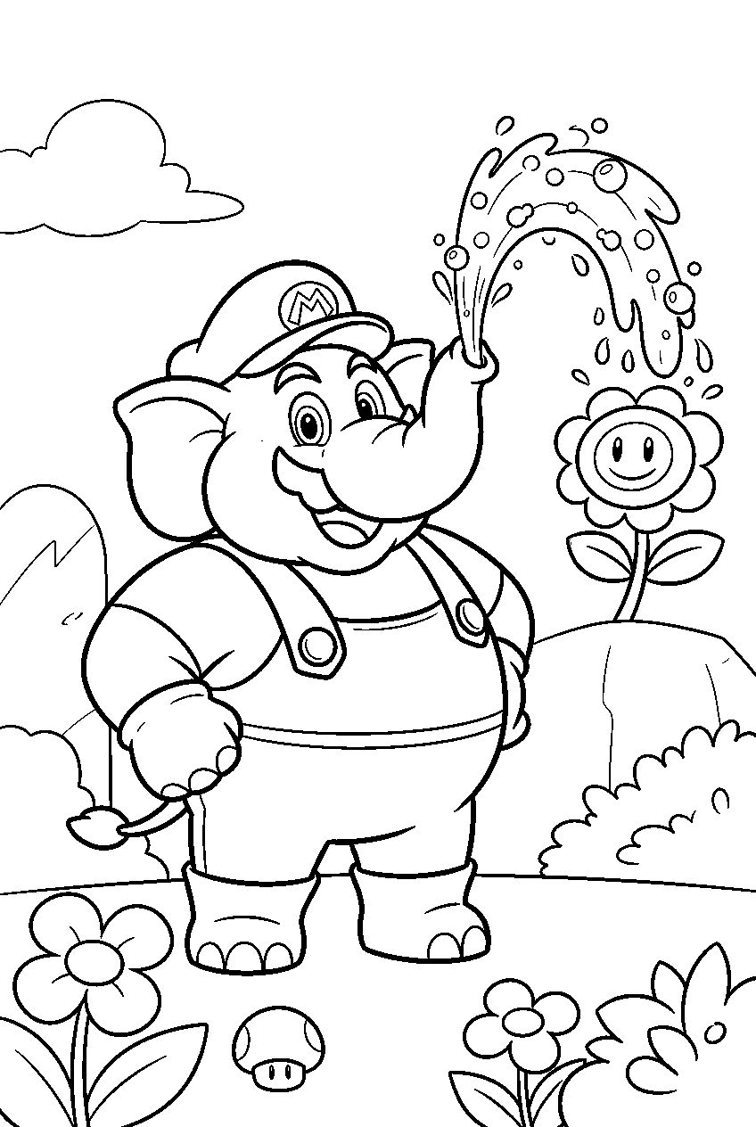 elephant mario spraying water in the flower kingdom line art