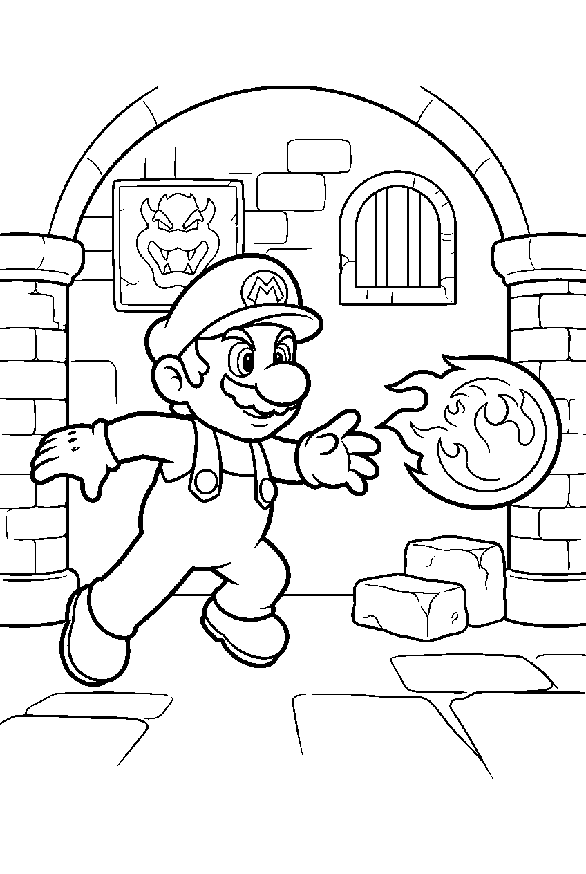 fire mario throwing a fireball inside bowser s castle line art