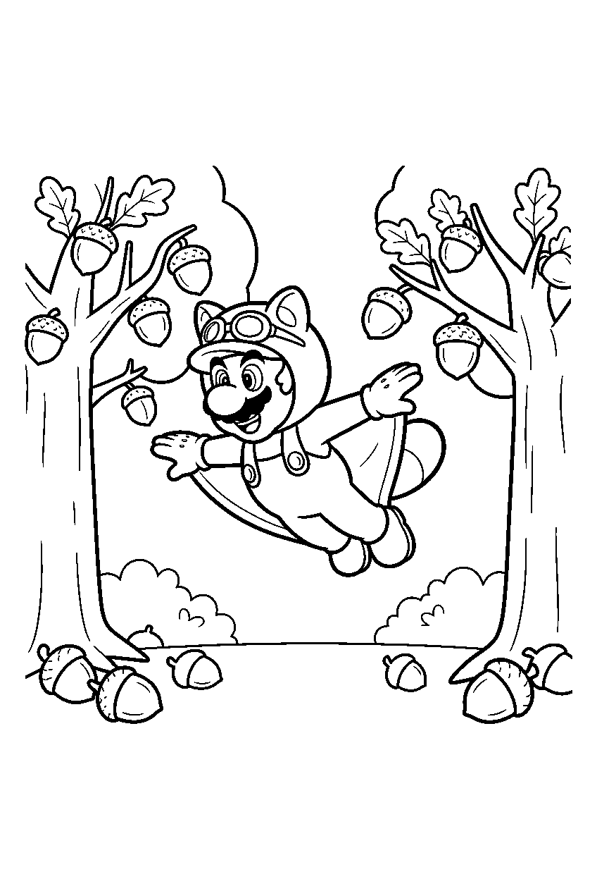 flying squirrel mario gliding between acorn trees line art