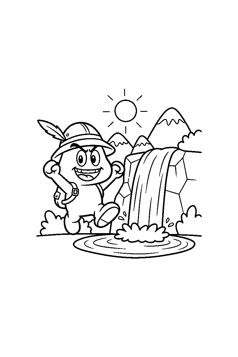 goomba celebrating adventure near a waterfall line art