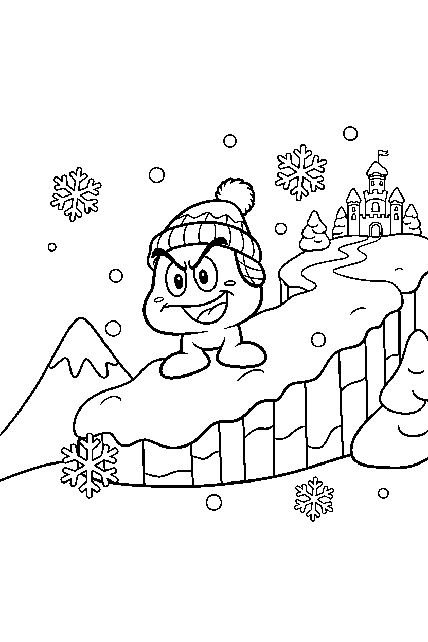 goomba climbing happily in a snowy level line art