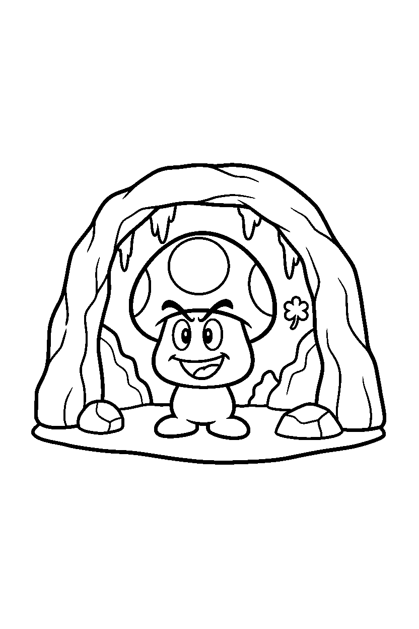 goomba smiling happily in a hidden cave line art
