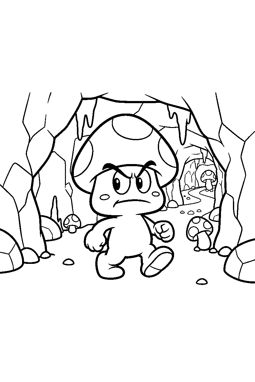 goomba walking carefully in a hidden cave line art