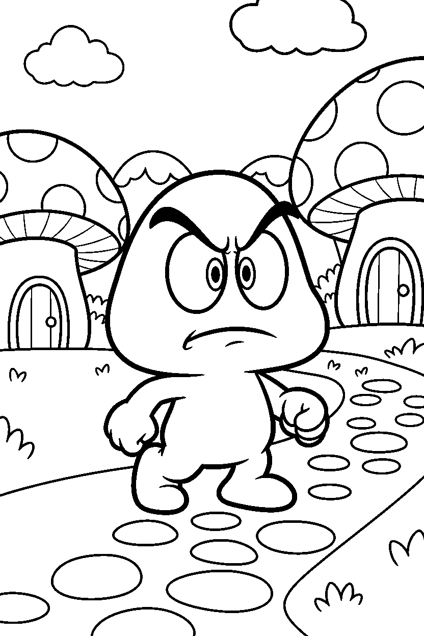 goomba walking carefully in the mushroom kingdom line art
