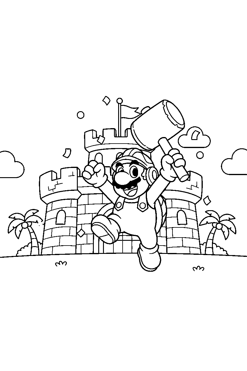 hammer bro celebrating adventure near a fortress line art
