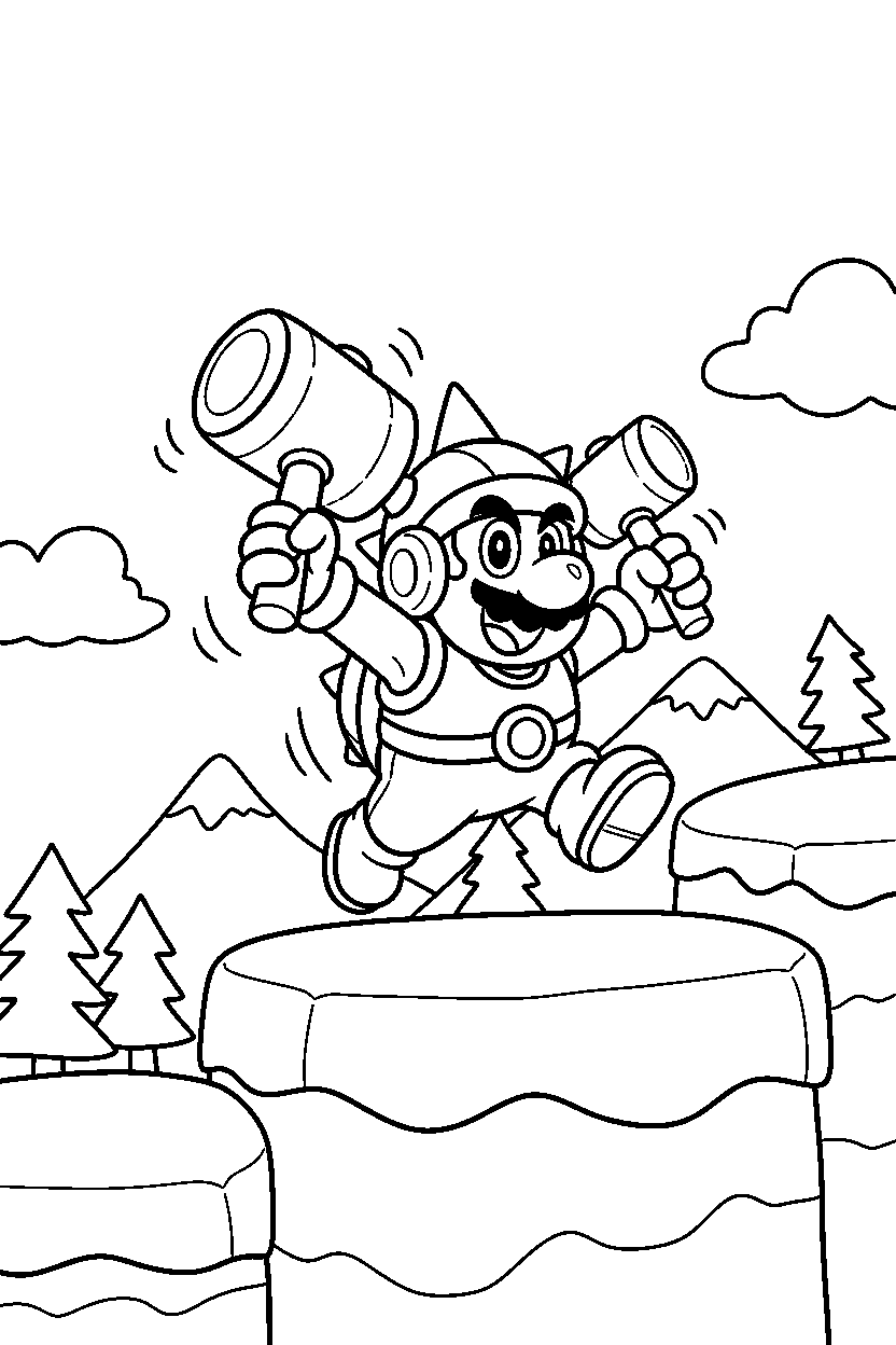 hammer bro playing happily on a mountain level line art