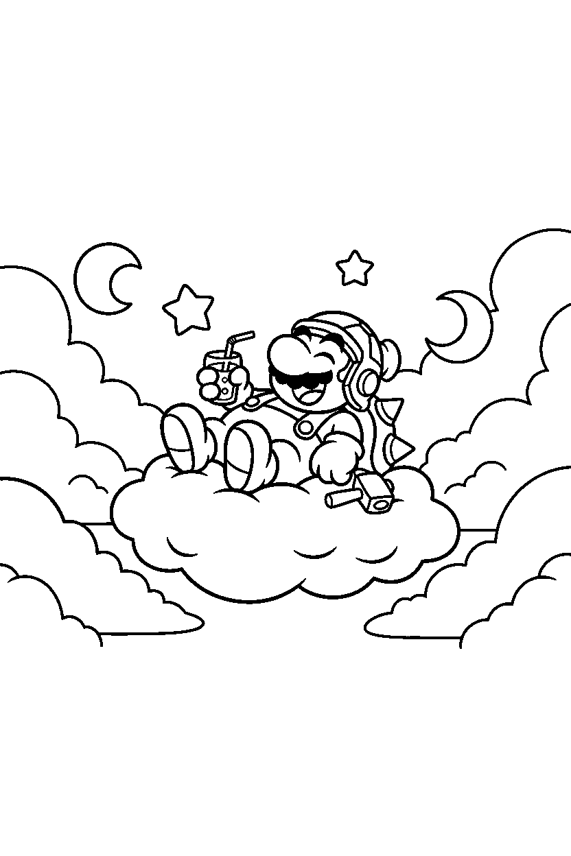 hammer bro relaxing peacefully in a cloud world line art