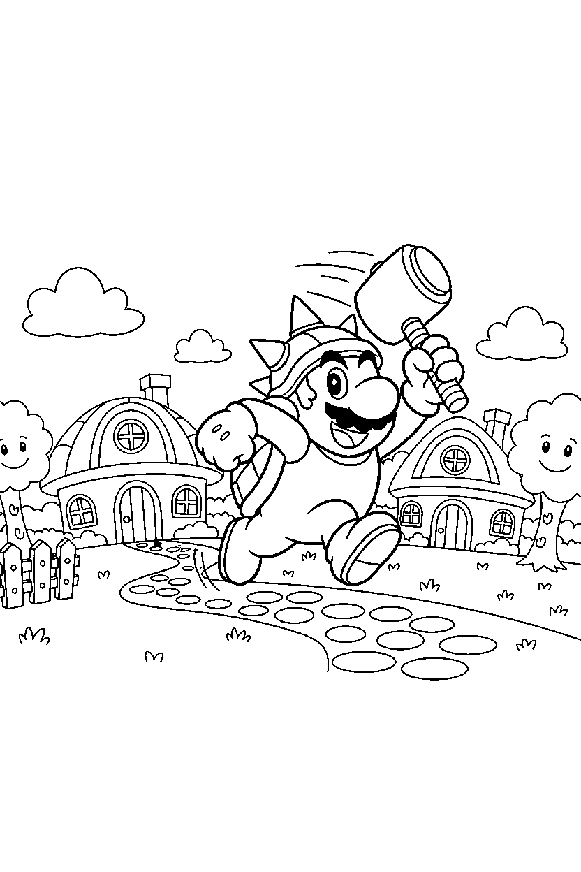 hammer bro running happily in a peaceful village line art